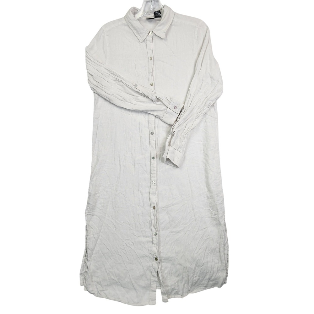 Tahari White Linen Blend Button Down Shirt Cover-Up‎ M Coastal Boho Minimalist